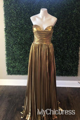 Ruched Long Metallic Formal Dress Strapless A-line Prom Dress